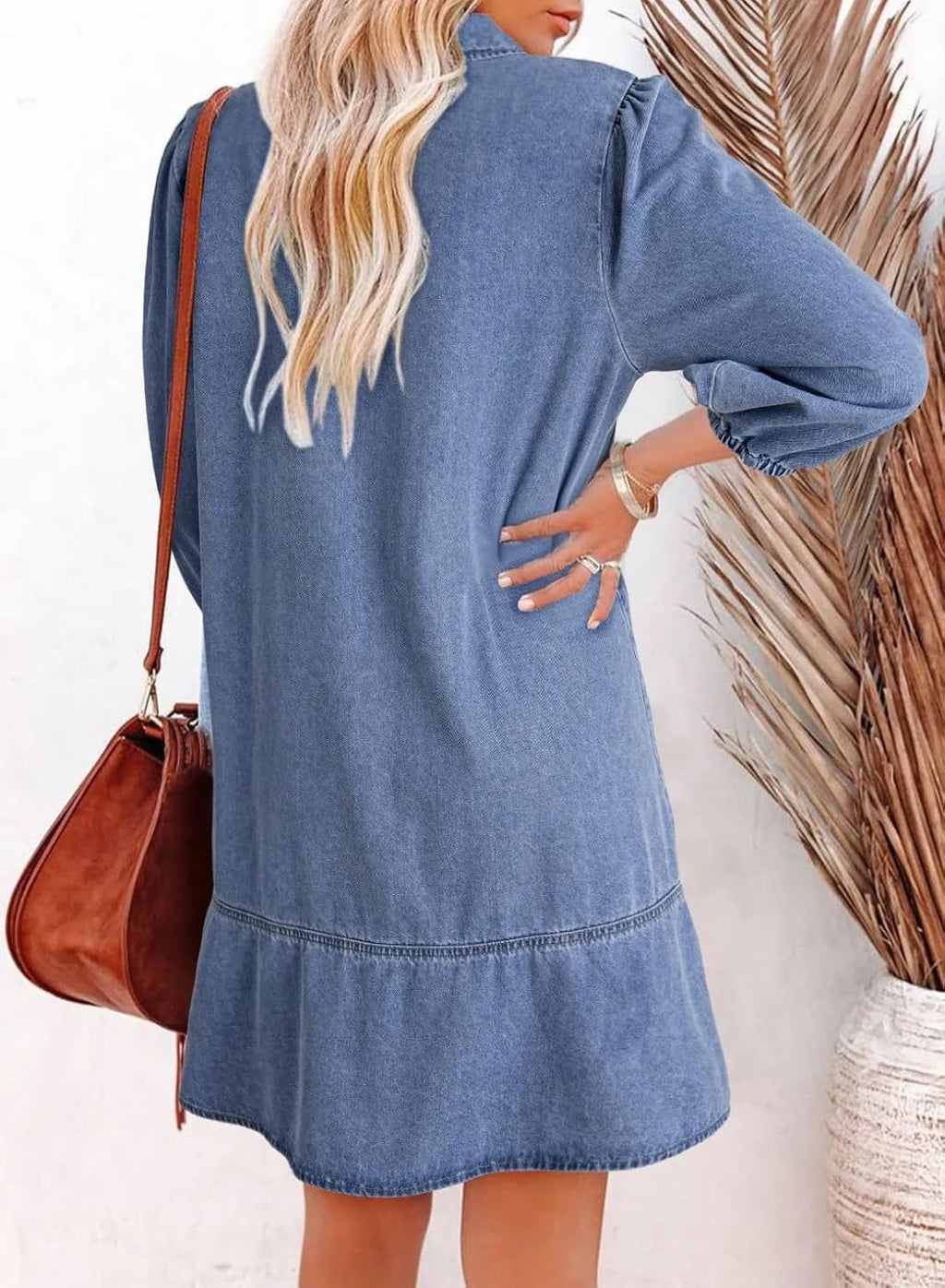 Eaksone - Women's V-Neck Puff Sleeve Denim Layered Dress