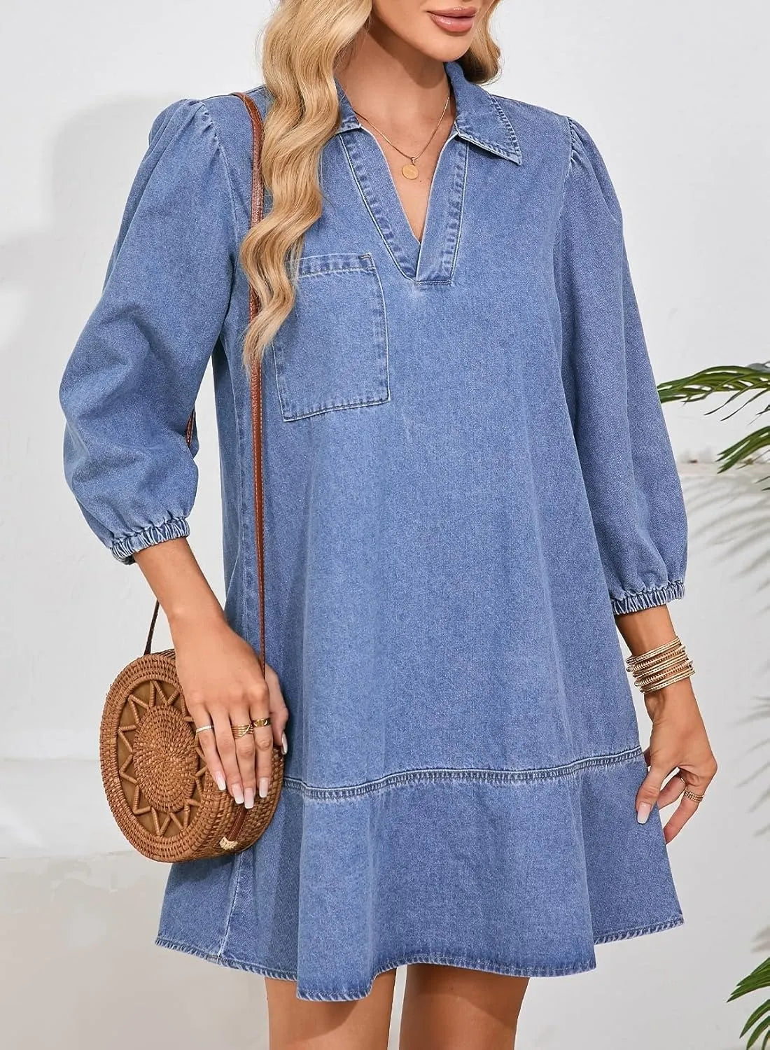 Eaksone - Women's V-Neck Puff Sleeve Denim Layered Dress