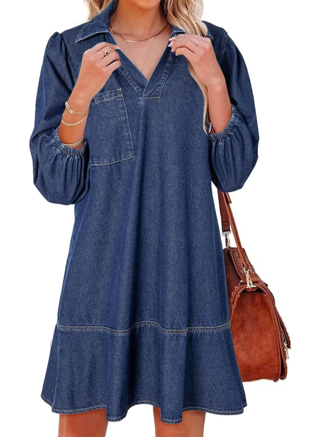 Eaksone - Women's V-Neck Puff Sleeve Denim Layered Dress
