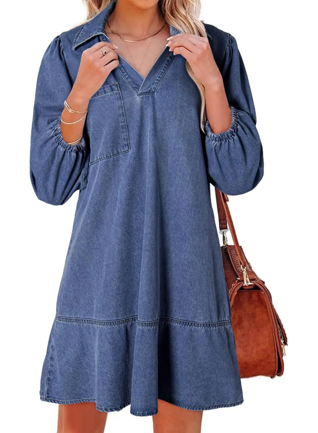 Eaksone - Women's V-Neck Puff Sleeve Denim Layered Dress