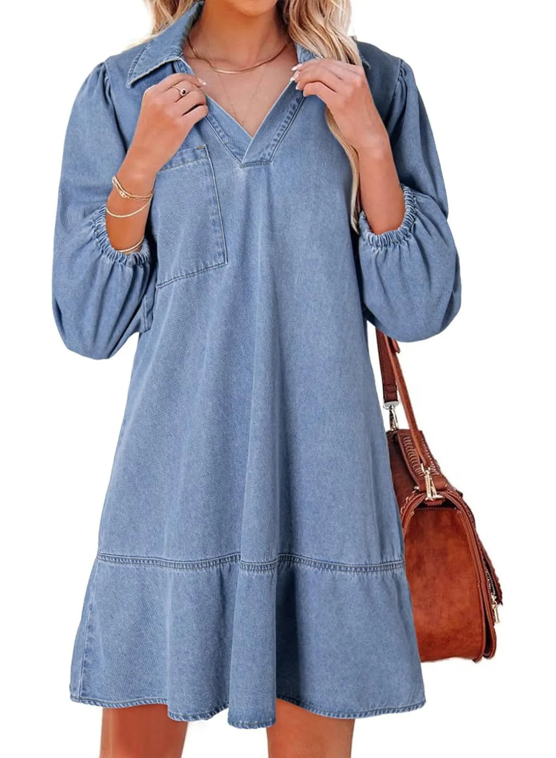 Eaksone - Women's V-Neck Puff Sleeve Denim Layered Dress