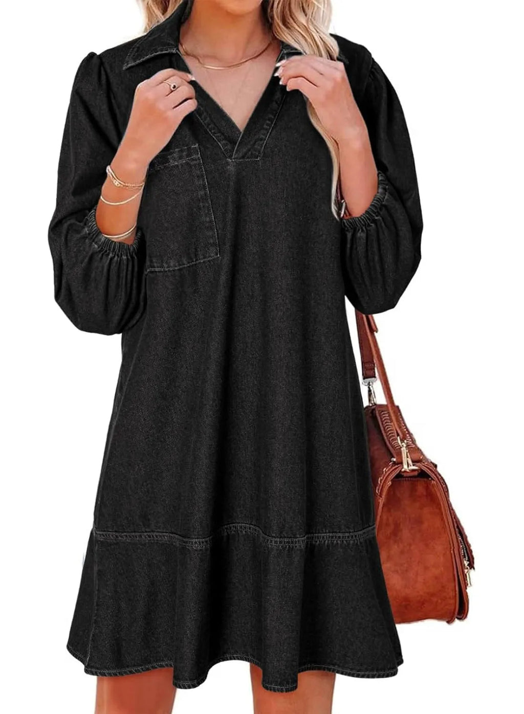 Eaksone - Women's V-Neck Puff Sleeve Denim Layered Dress