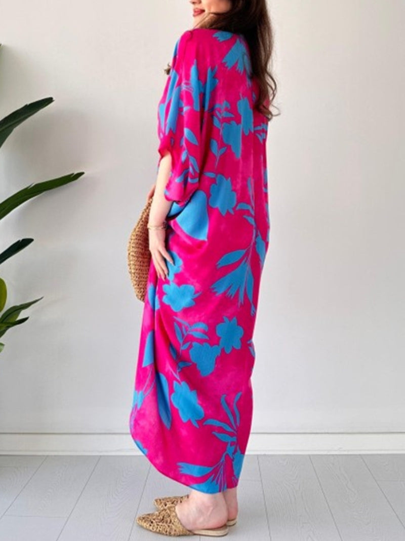 Eaksone - Fashion Printed Bat Sleeve V-Neck Dress