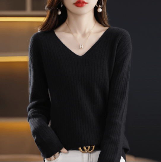 Eaksone - V-Neck Pullover Long Sleeve Solid Color Cashmere Sweater