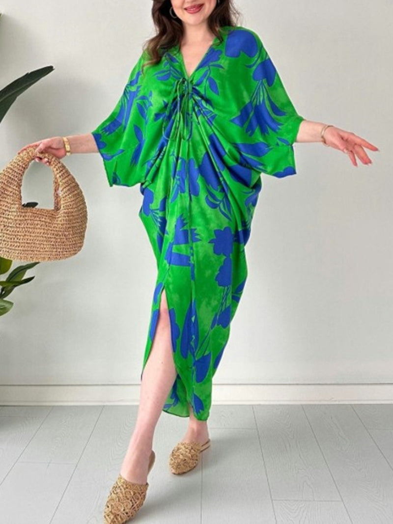 Eaksone - Fashion Printed Bat Sleeve V-Neck Dress