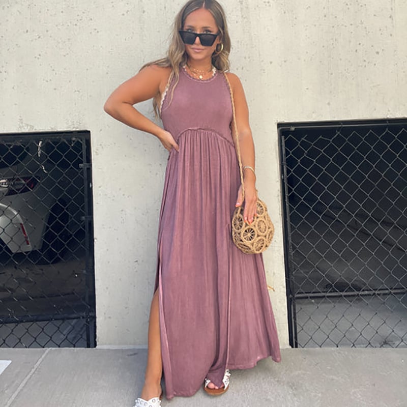 Eaksone - Slit Casual Simple Loose Maxi Long Dress