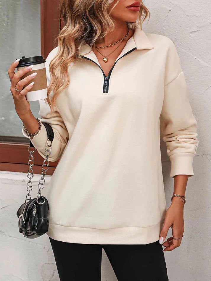 Eaksone - Womens Zip-Up Dropped Shoulder Sweatshirt