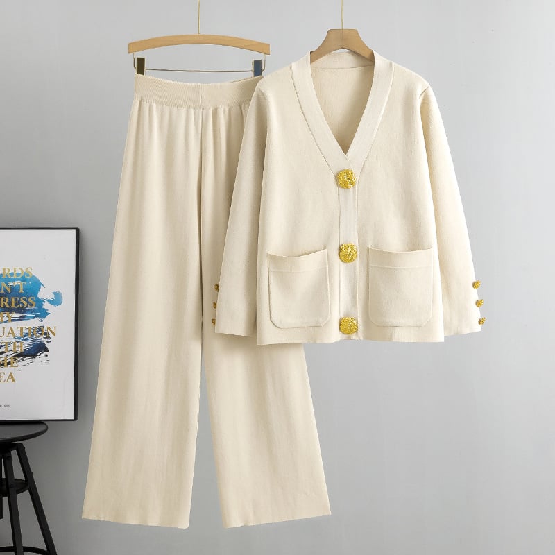 Eaksone - metal button wool sweater wide-leg pants suits