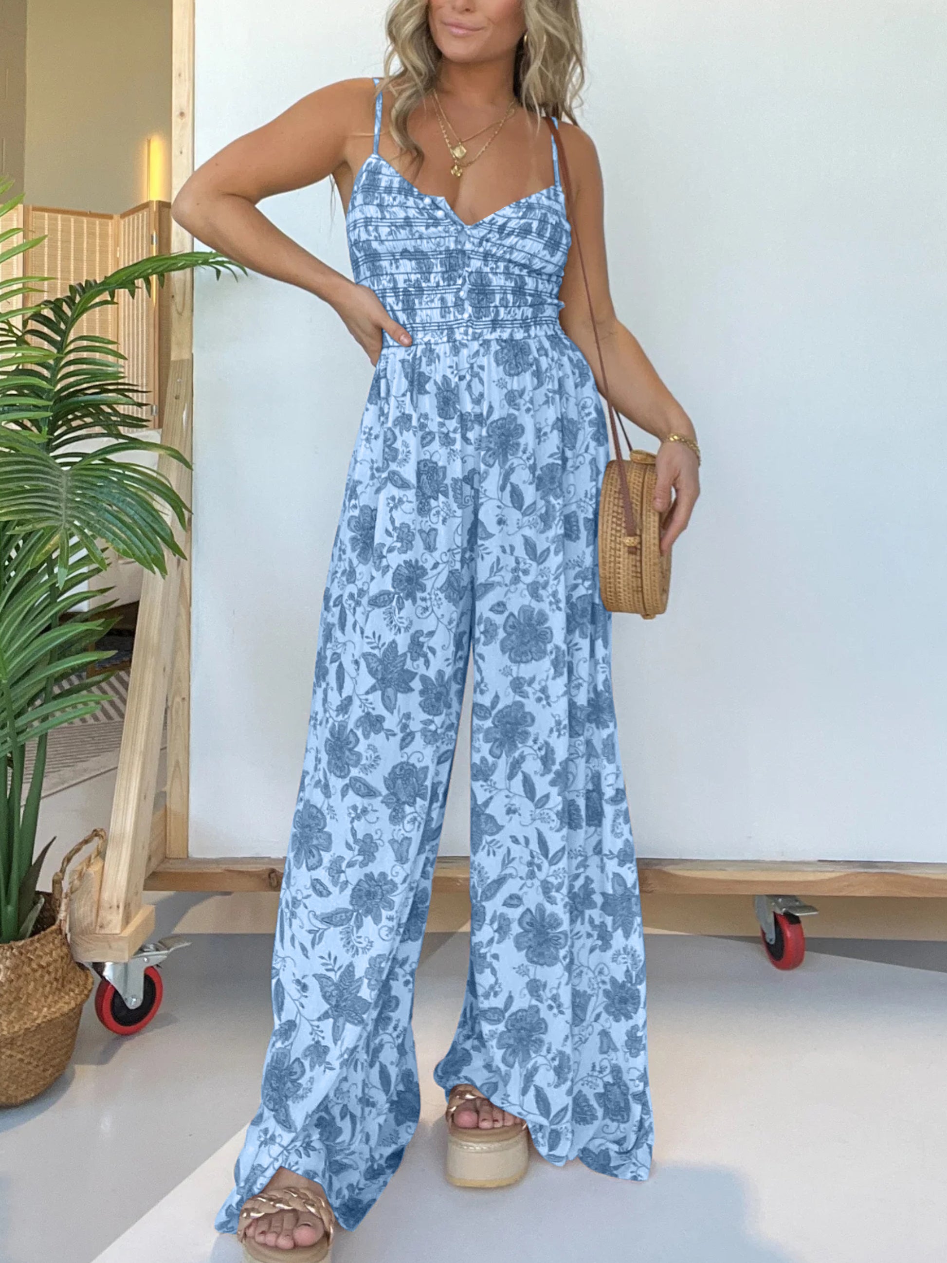 Eaksone - Floral Suspender Wide-leg Jumpsuit
