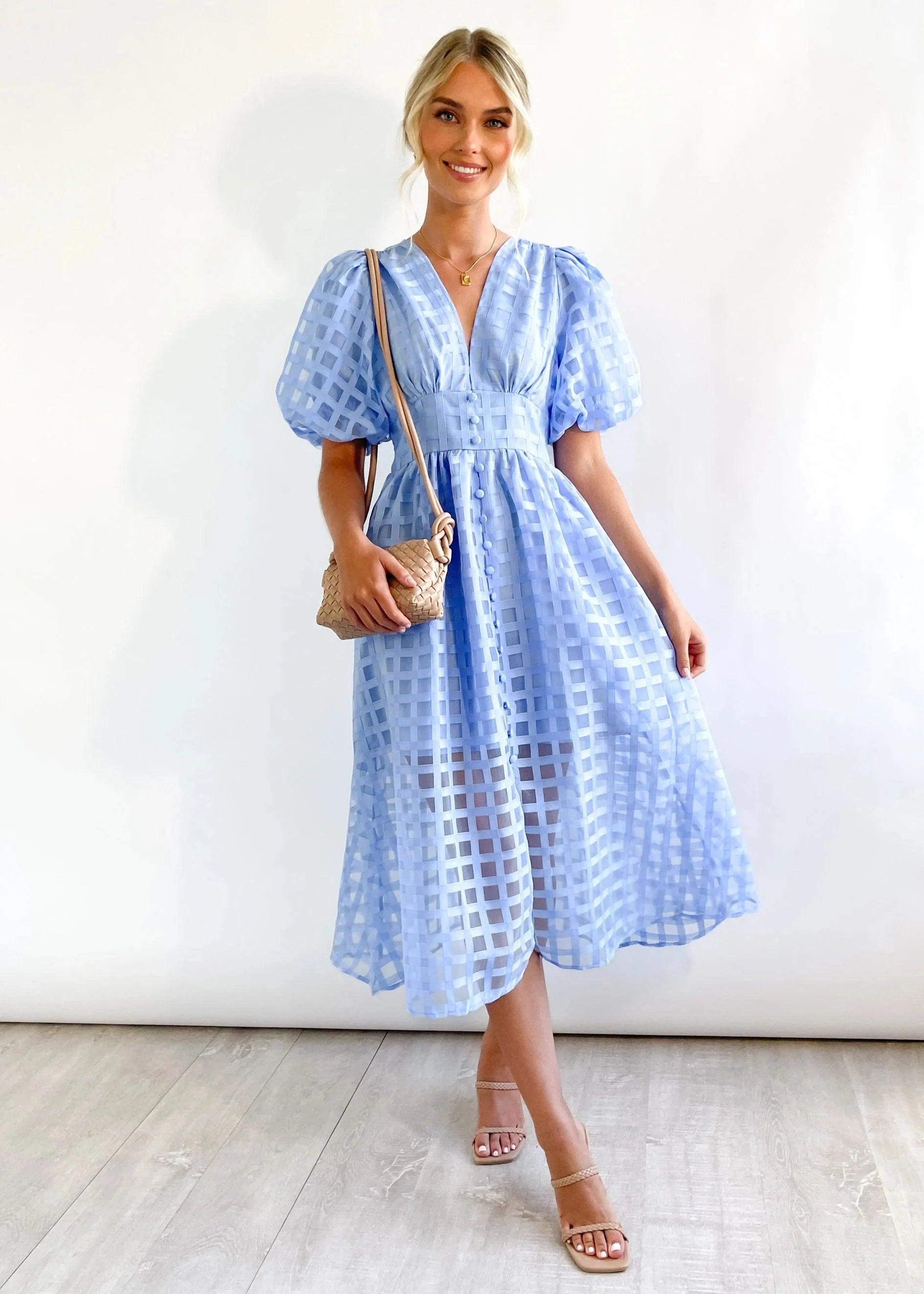 Eaksone - Beautiful square pattern fabric puff sleeve midi