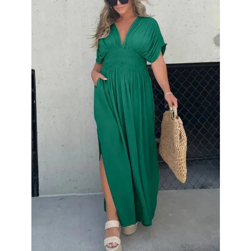 Eaksone - Slit V-neck casual long dress