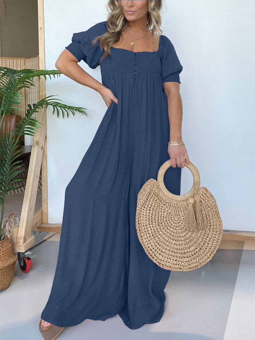 Eaksone - Square Neckline Jumpsuit With Smocked Bodice Button