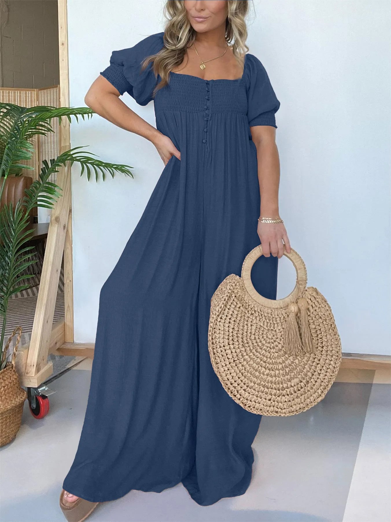 Eaksone - Square Neckline Jumpsuit With Smocked Bodice Button