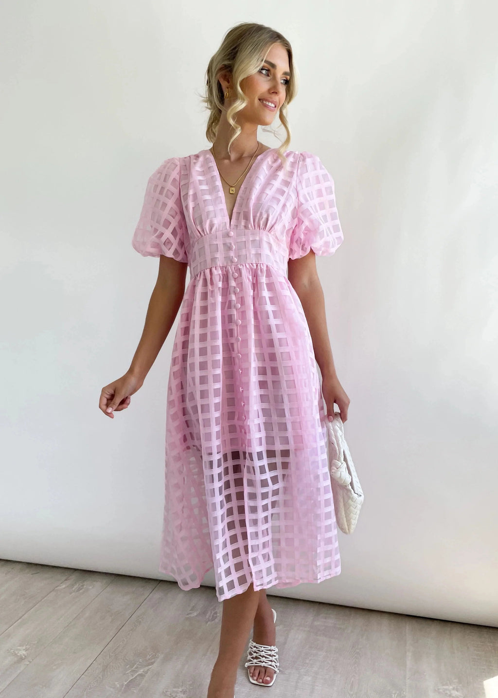 Eaksone - Beautiful square pattern fabric puff sleeve midi