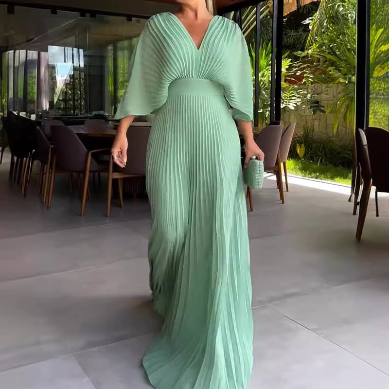 Eaksone - Pleated Batwing Sleeve Waist-Cinching Dress