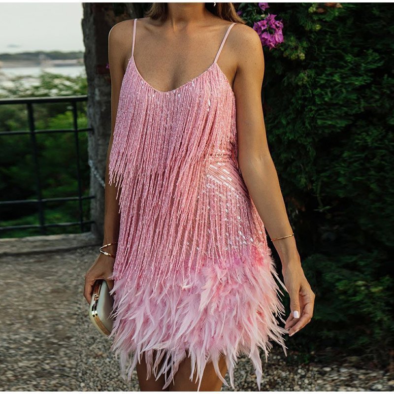 Eaksone - Women's Feather Fringe Sequin Spaghetti Strap Dress