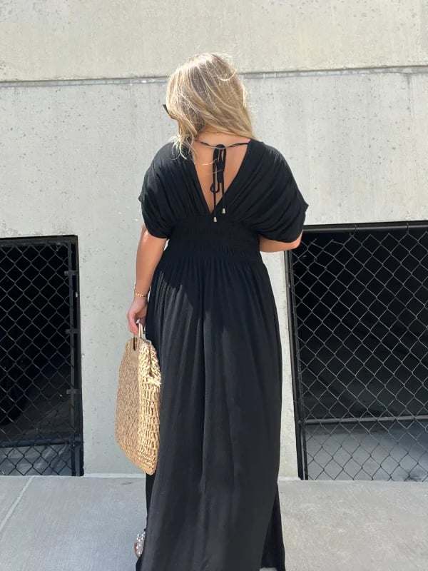 Eaksone - Slit V-neck casual long dress