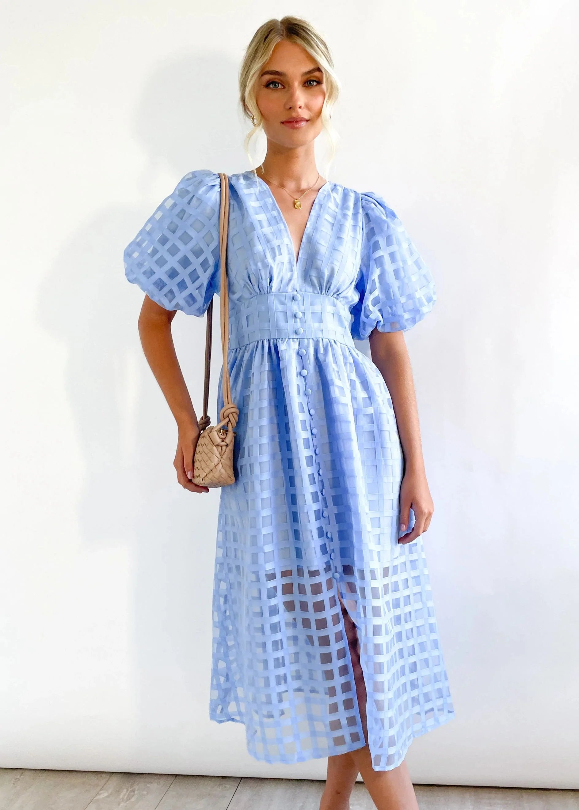 Eaksone - Beautiful square pattern fabric puff sleeve midi