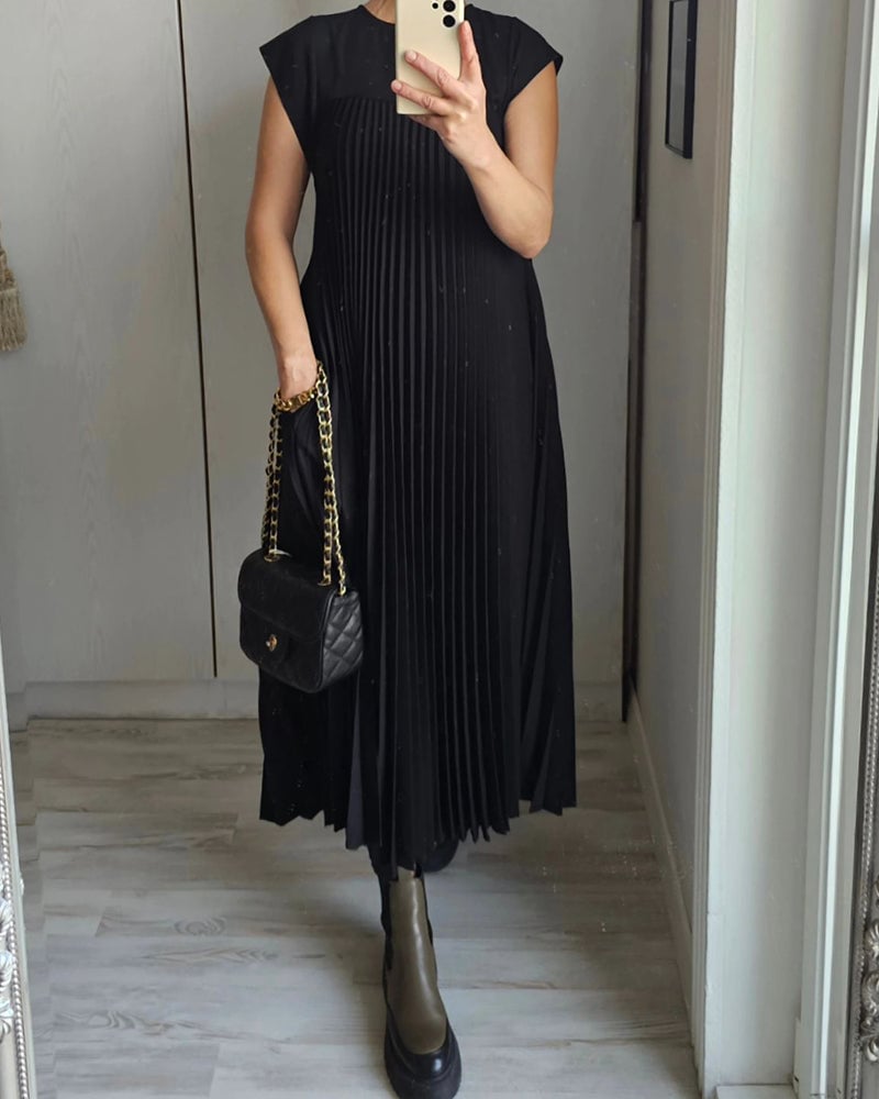 Eaksone - Women Pleated Simple Solid Color Dress