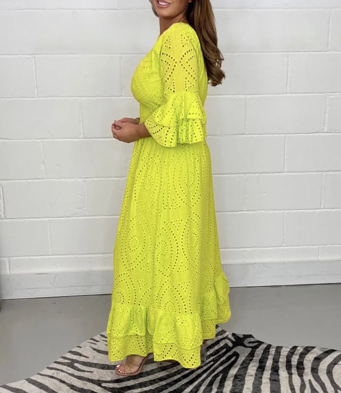 Eaksone - Embroidery Frill Sleeve Midi Dress