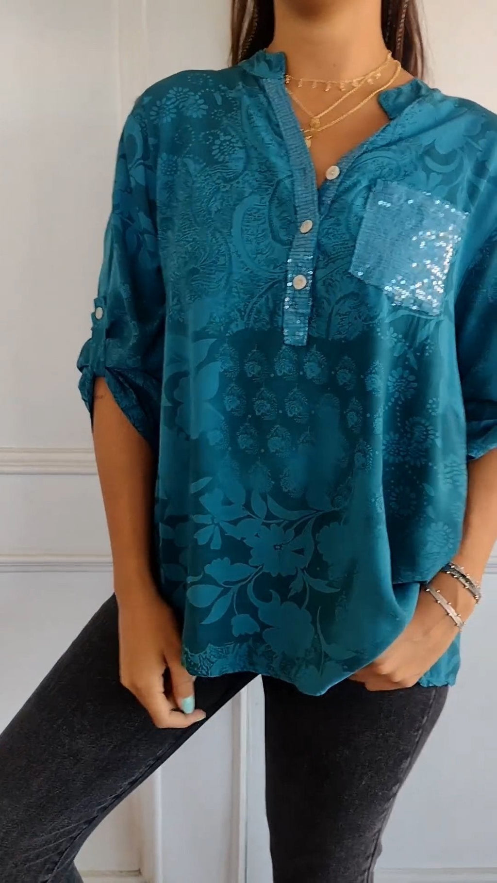 Eaksone - V-neck Half-button Printed Top