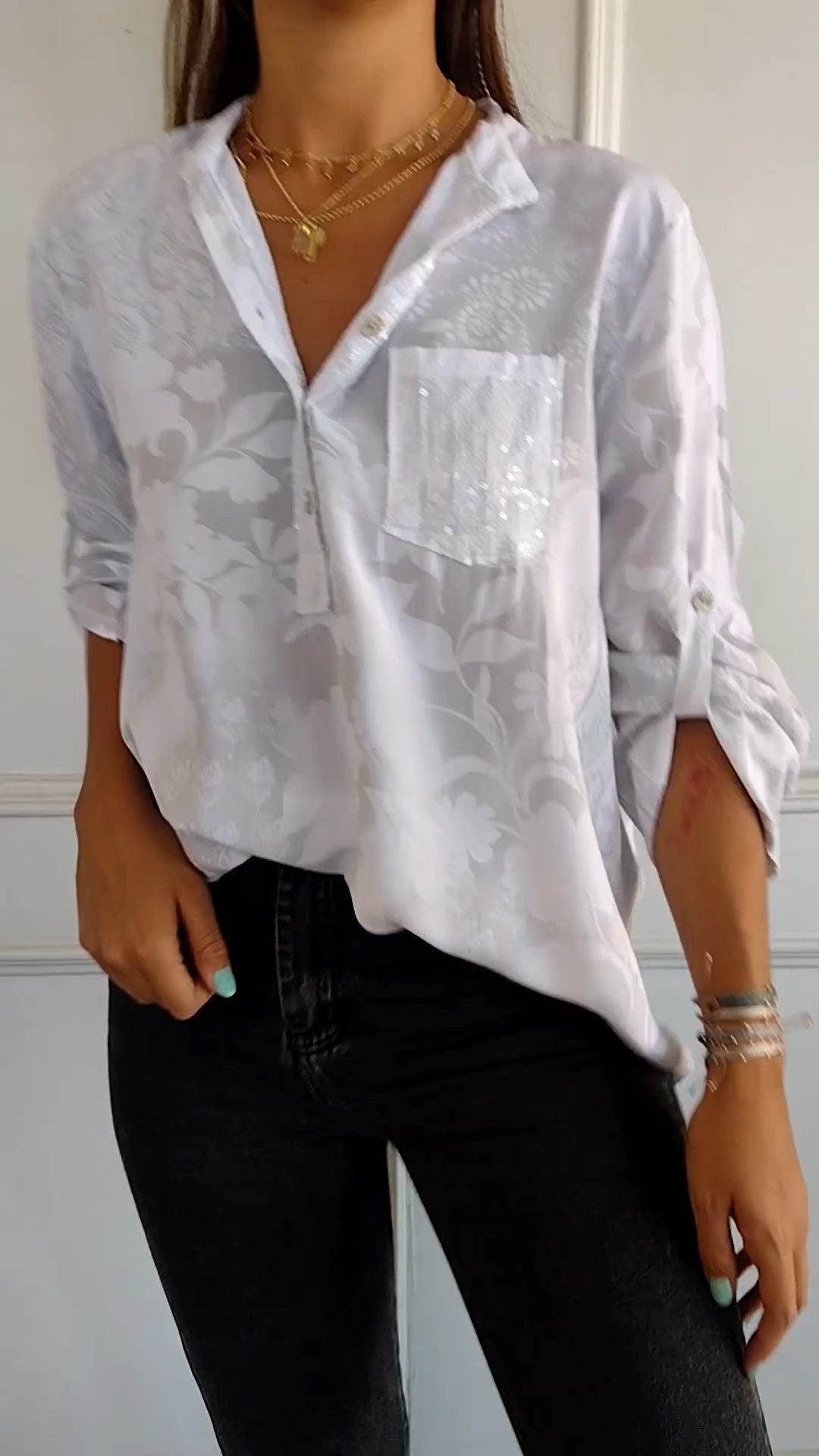 Eaksone - V-neck Half-button Printed Top