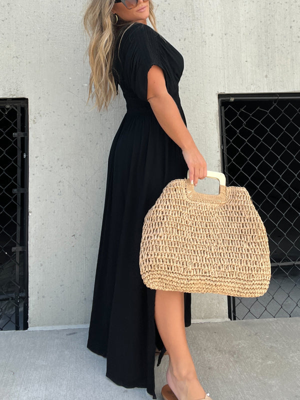 Eaksone - Slit V-Neck Effortless Maxi Long DreSS