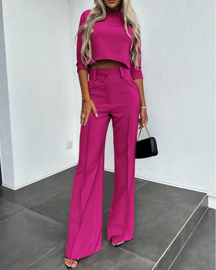Eaksone - Fashionable solid color high waisted straight pants suit