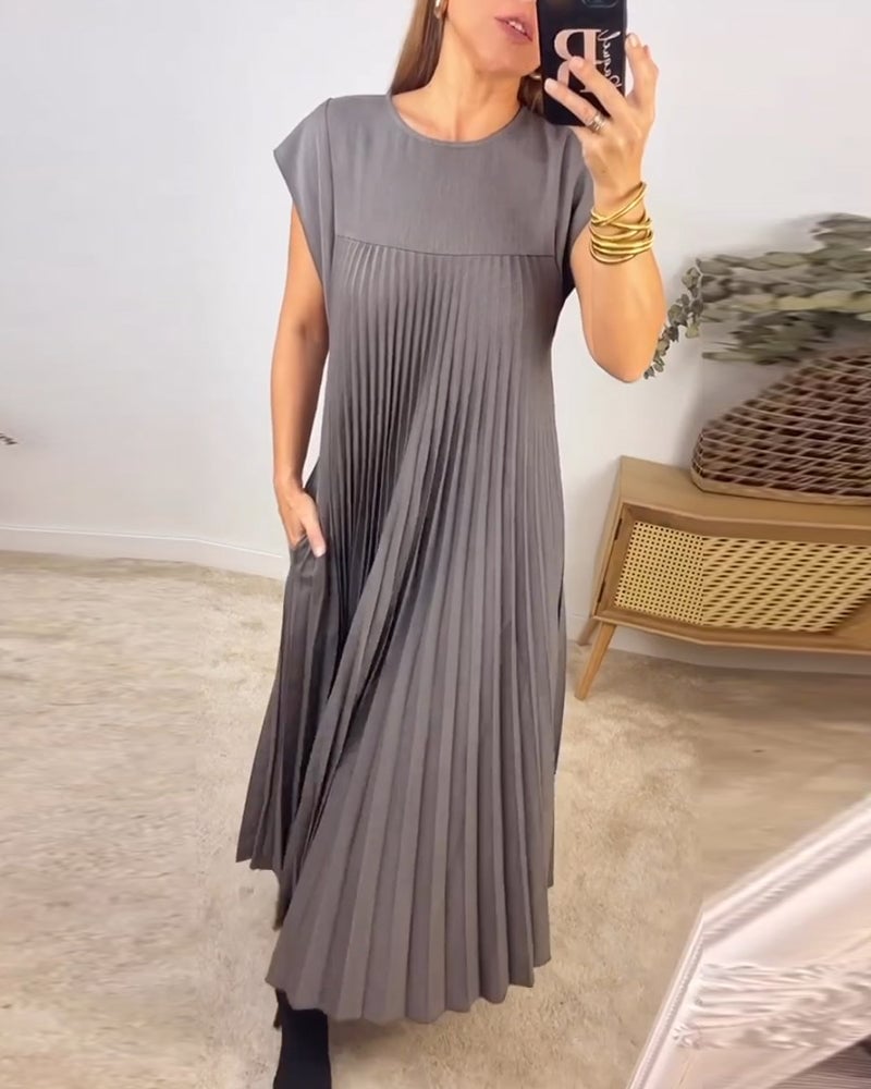 Eaksone - Women Pleated Simple Solid Color Dress