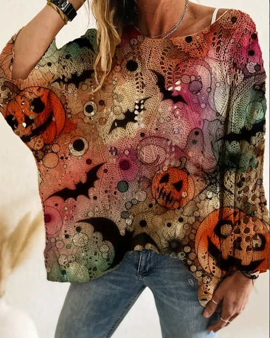 Eaksone - Women's Halloween Pumpkin Print Long Sleeve Knit Top