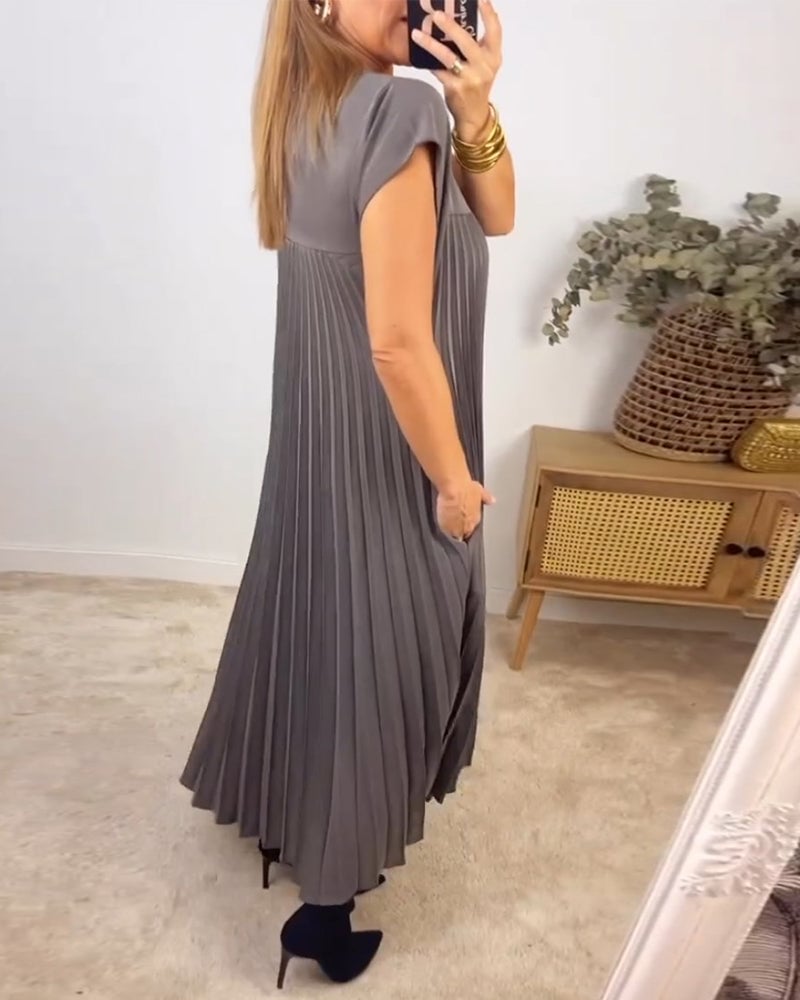Eaksone - Women Pleated Simple Solid Color Dress