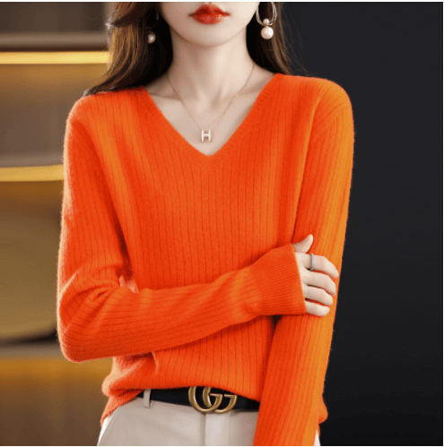 Eaksone - V-Neck Pullover Long Sleeve Solid Color Cashmere Sweater