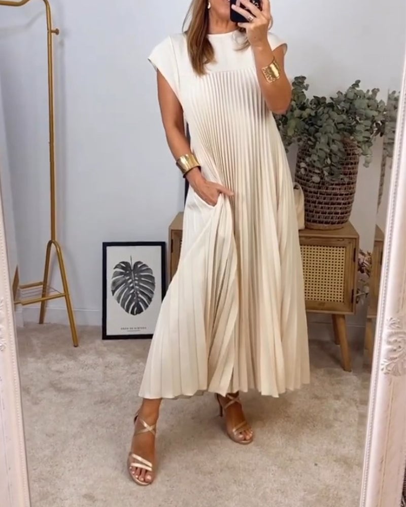 Eaksone - Women Pleated Simple Solid Color Dress