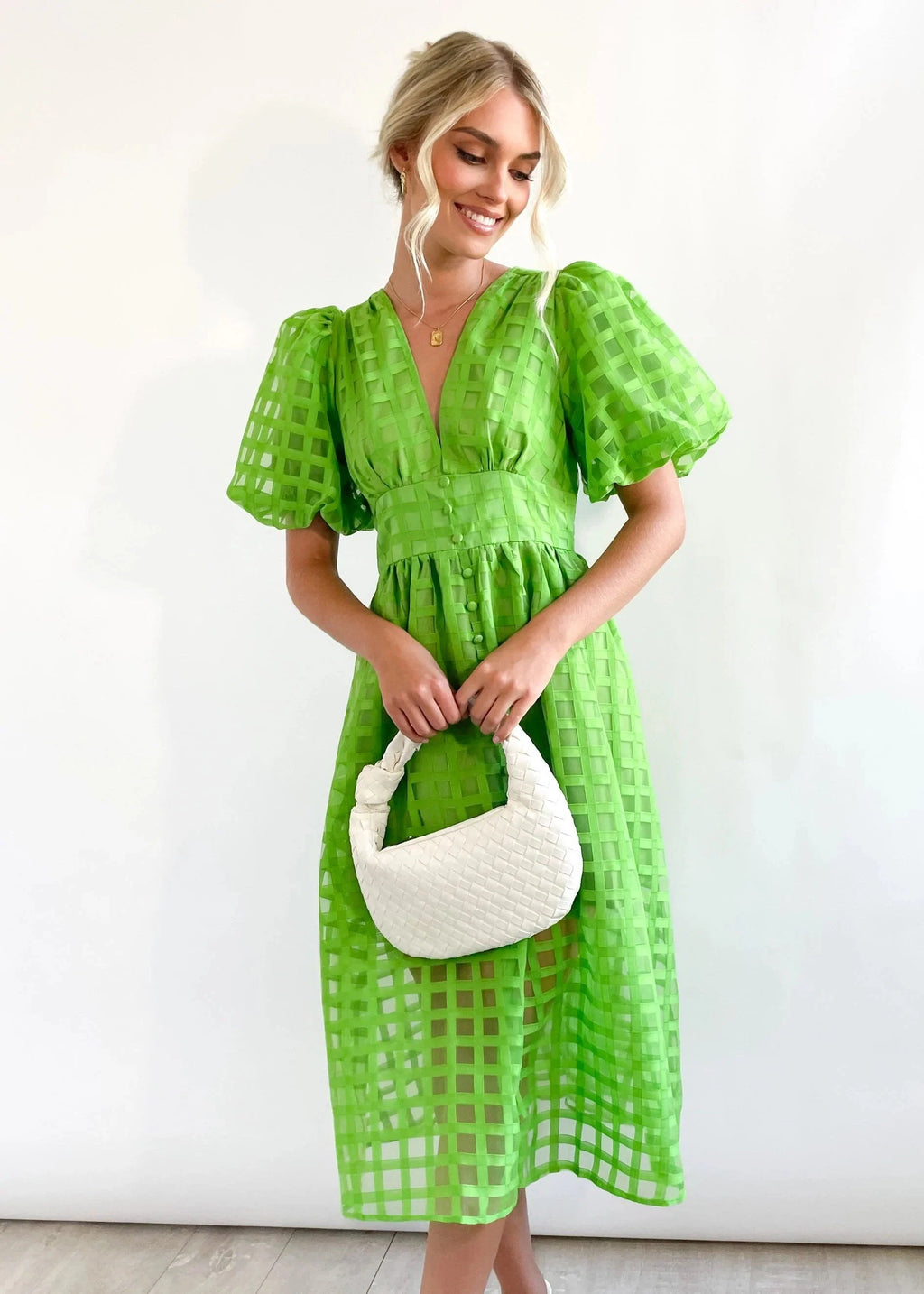 Eaksone - Beautiful square pattern fabric puff sleeve midi