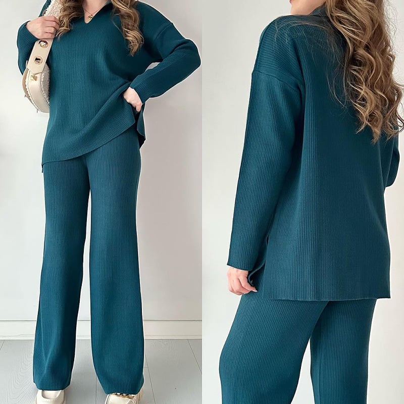 Eaksone - V-neck casual slit knitted two-piece set