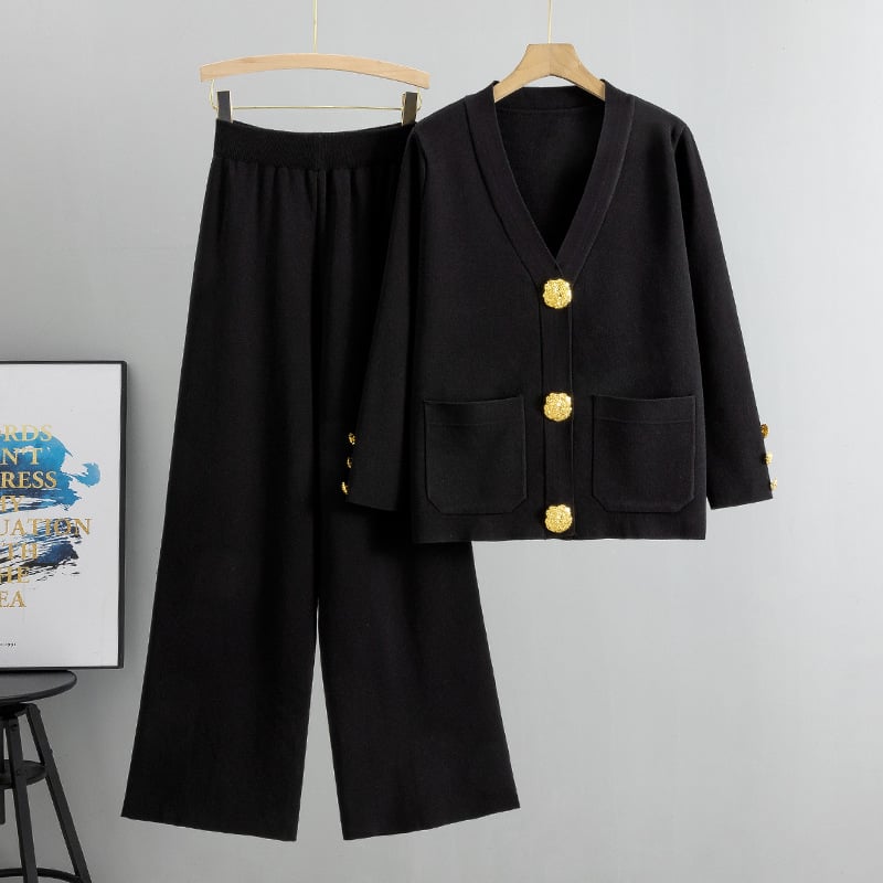Eaksone - metal button wool sweater wide-leg pants suits