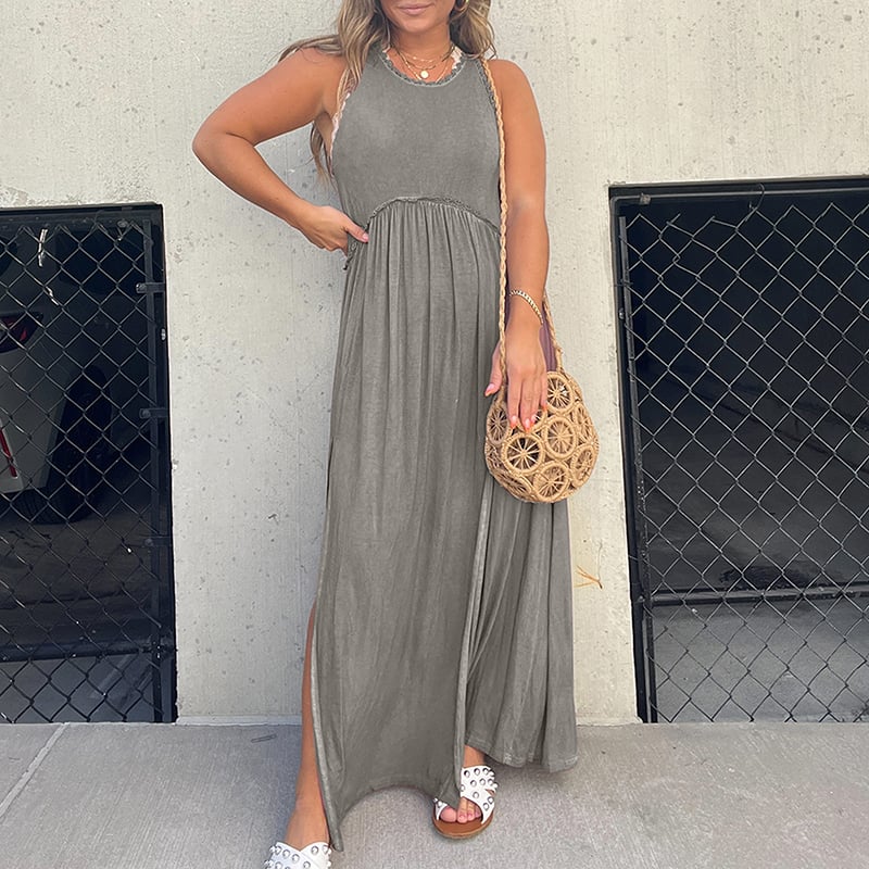 Eaksone - Slit Casual Simple Loose Maxi Long Dress