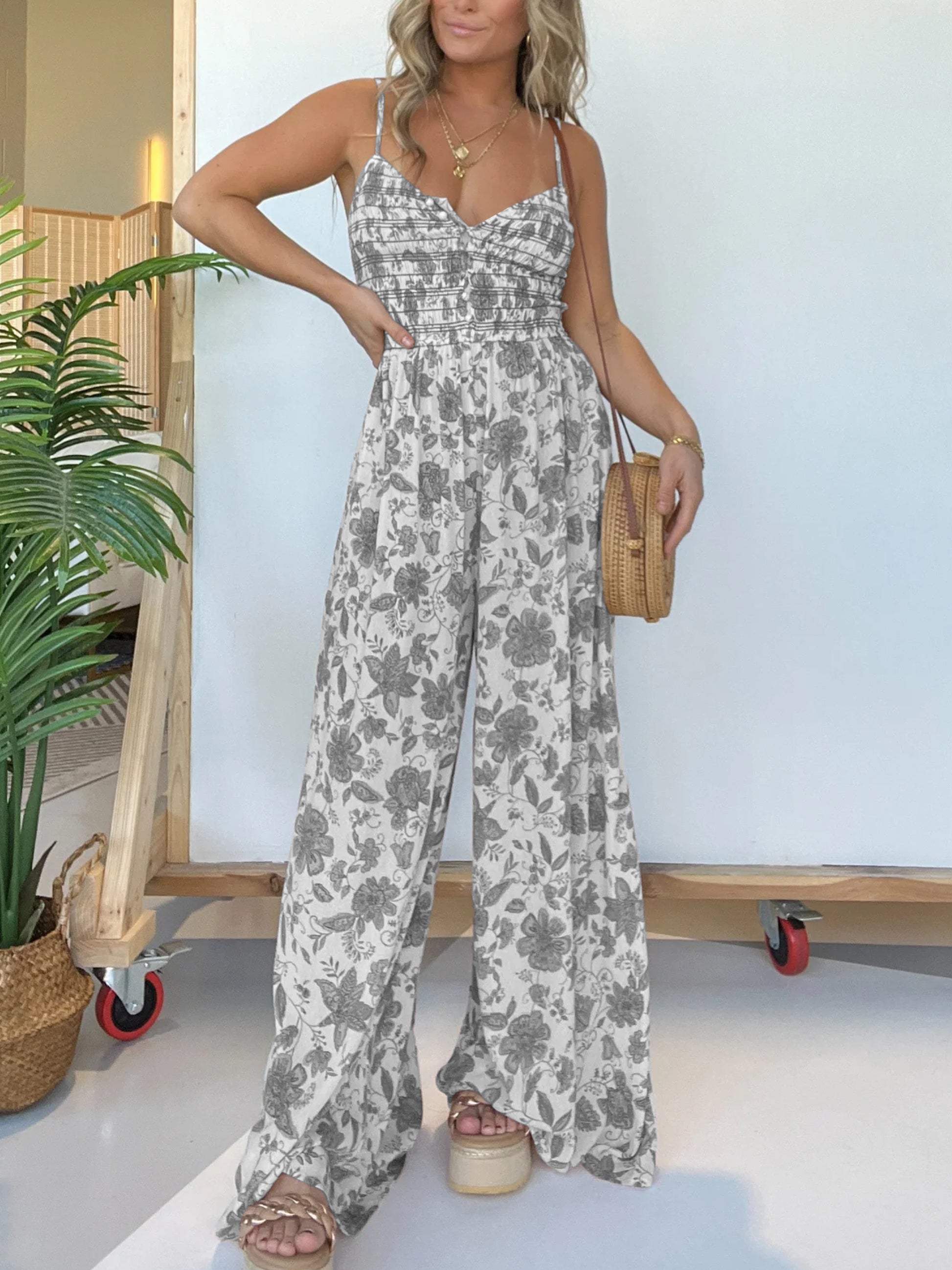 Eaksone - Floral Suspender Wide-leg Jumpsuit