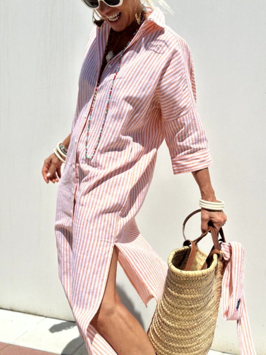 Eaksone - Classic Striped Lace-Up Shirt Dress