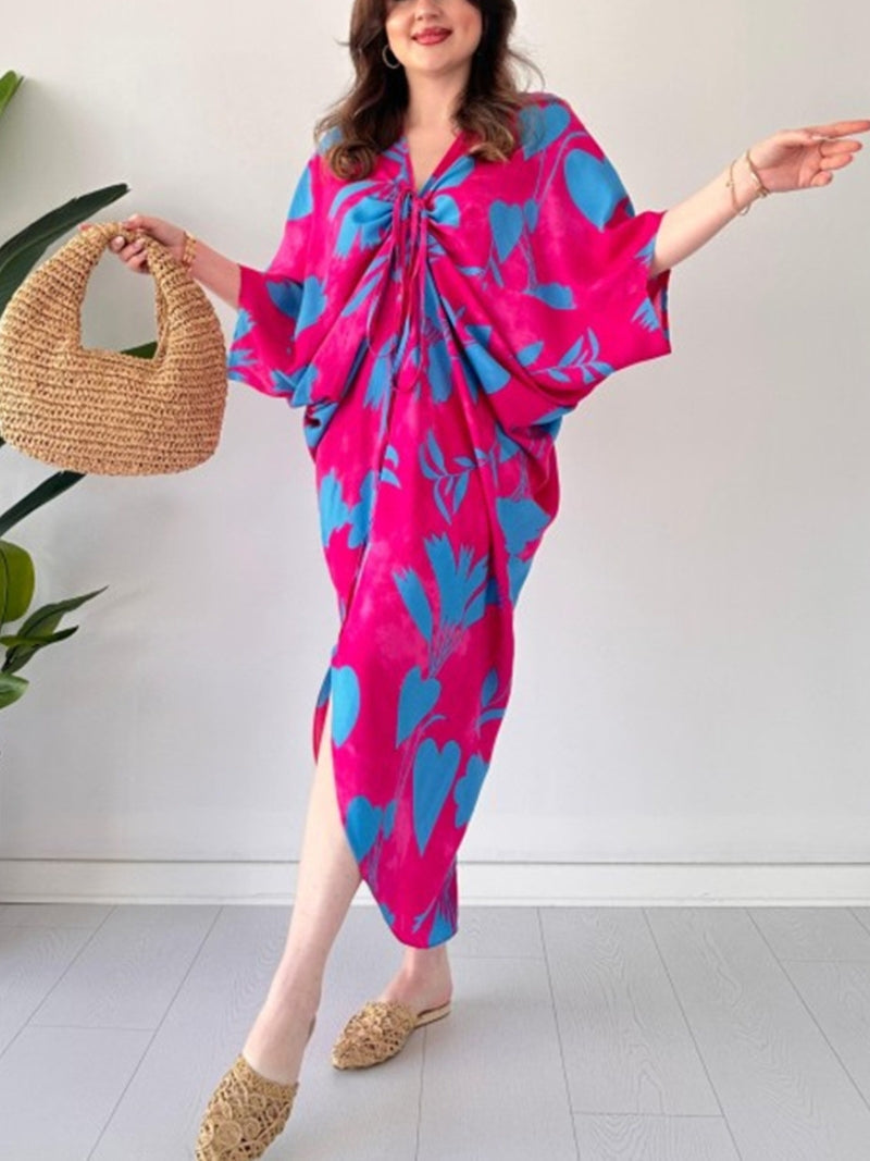 Eaksone - Fashion Printed Bat Sleeve V-Neck Dress