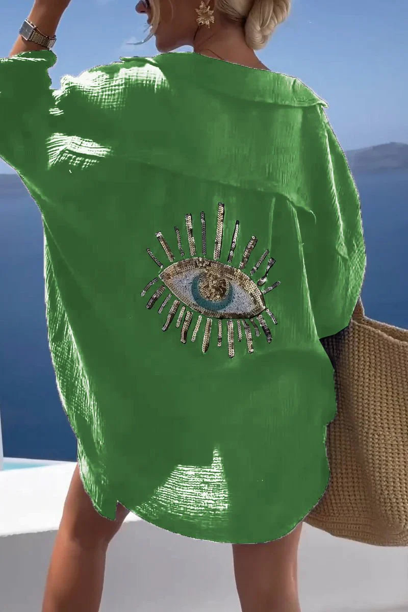 Eaksone - Evil Eye Casual Sequin Beaded Shirt