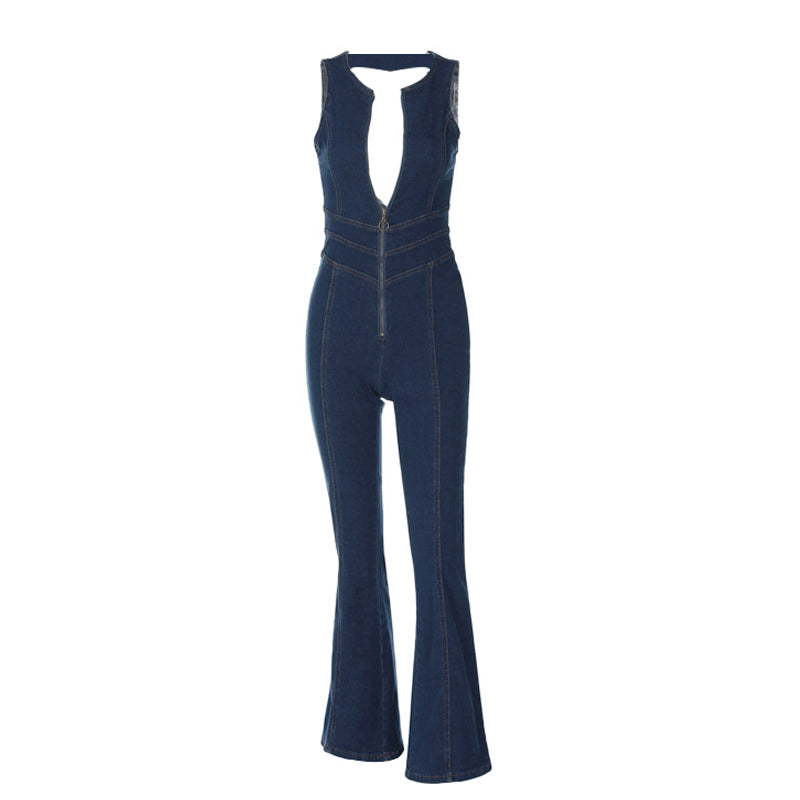 Eaksone - Heart Shaped Backless Denim Jumpsuit