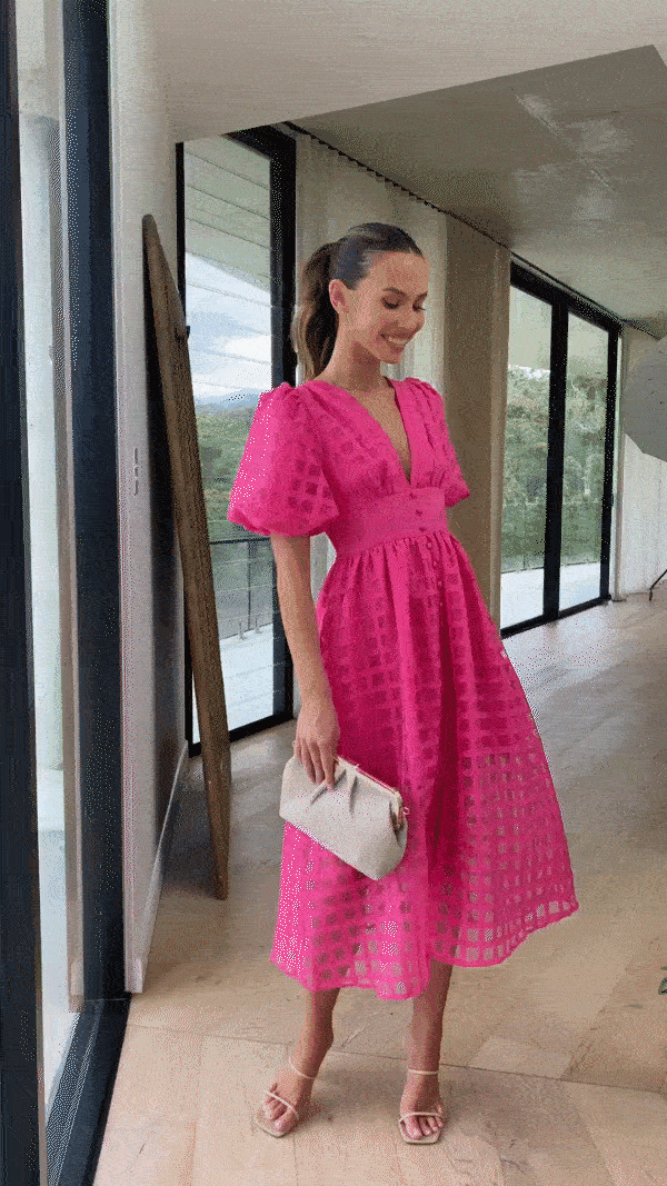 Eaksone - Beautiful square pattern fabric puff sleeve midi