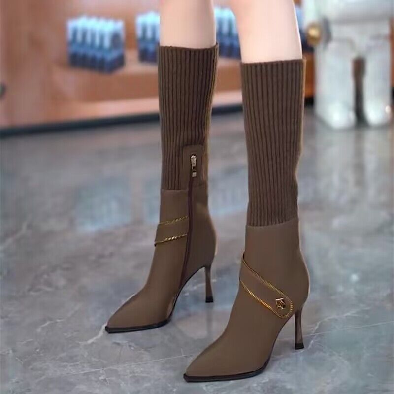 Eaksone - Knitted Long Lointed Toe Stiletto Boots