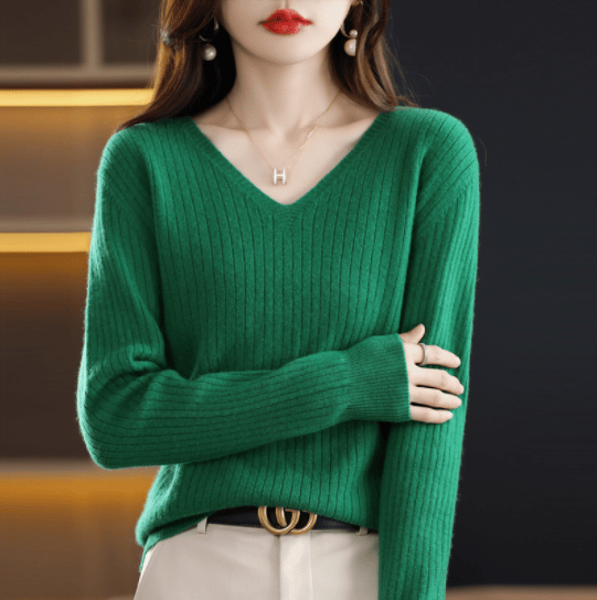 Eaksone - V-Neck Pullover Long Sleeve Solid Color Cashmere Sweater