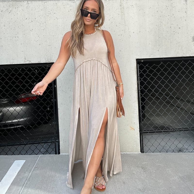Eaksone - Slit Casual Simple Loose Maxi Long Dress