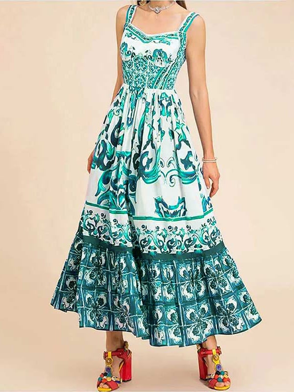 Eaksone - Stunning Floral Print Suspender Patchwork Maxi Dress
