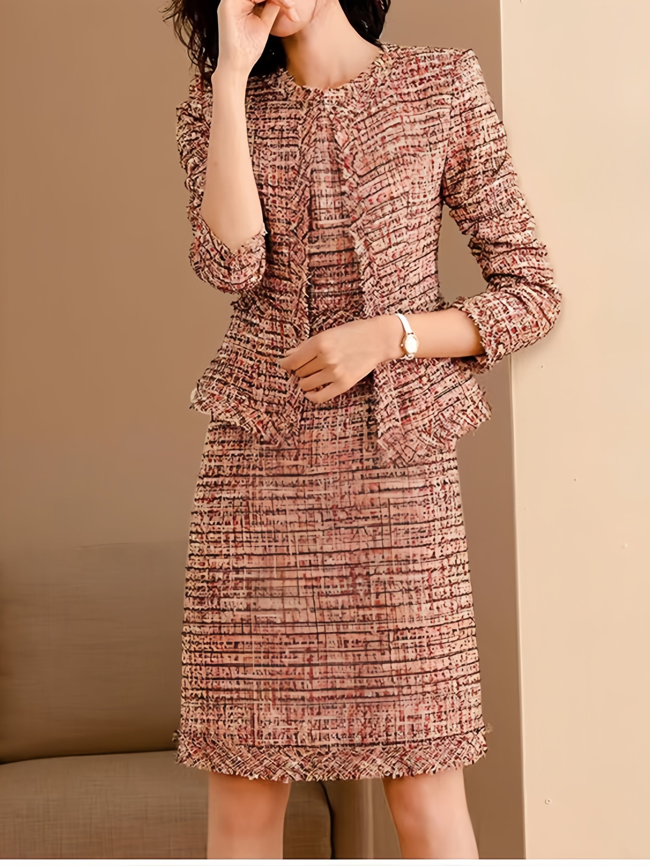 Polyester Cotton Knitted Booker Fancy Jacket Coat Tweed Fabric Two-Piece Set