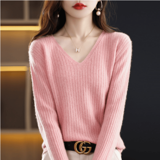 Eaksone - V-Neck Pullover Long Sleeve Solid Color Cashmere Sweater