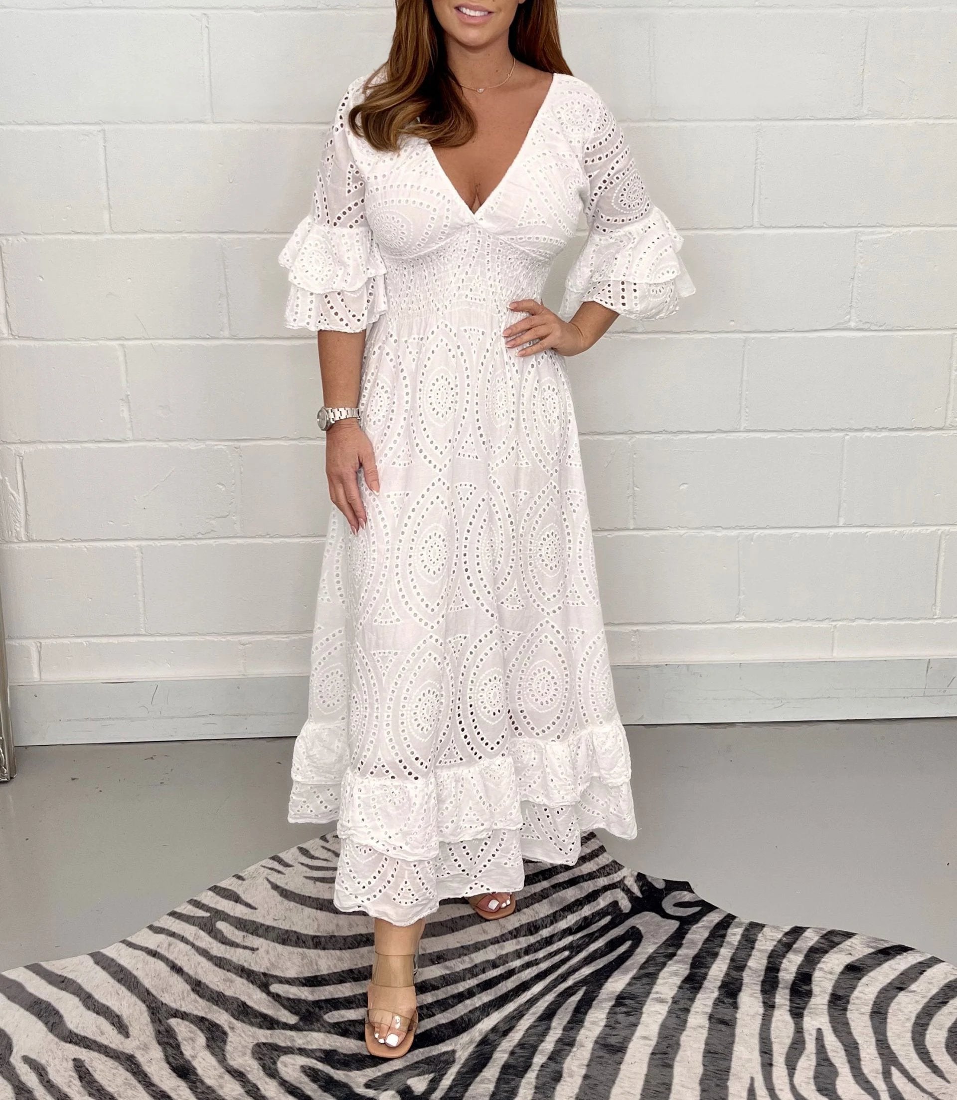 Eaksone - Embroidery Frill Sleeve Midi Dress